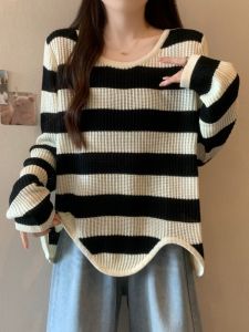 Womens Long Sleeve Knitted Sweater Striped Wave Edge Inner Wear Spring 2025 plus Size Comfortable Soft Korean Style Top