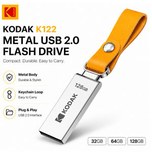 Kodak | KODAK K122 Metal USB 2.0 Flash Drive 32 64 128GB Pen Drive w Yellow Keychain Loop for Laptop PC Car Audio TV File Transfer