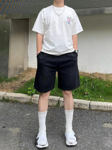 Black American Style Basketball Shorts Mens Summer Outdoor Wear Fleece Heavyweight Casual above Knee Length Fourths