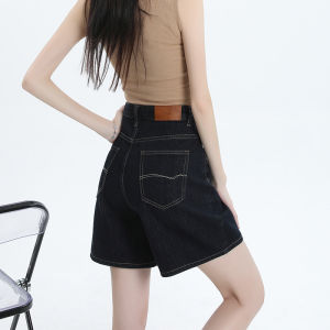 Womens Dark Blue High Waist Denim Shorts Loose Wide Leg Design Sense Niche Vintage Style