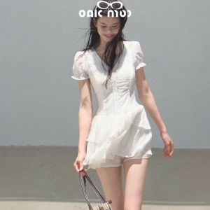 OAKMOO | Đầm nữ hai lớp cổ V tay ngắn viền nhún ôm eo