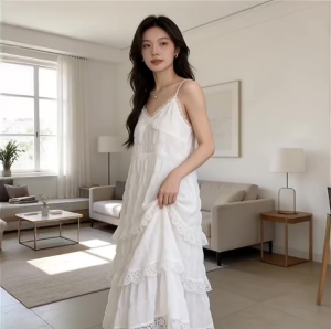 Casual Lace Dress for Women Korean Skirt Woman Pleated Elastic Waist A line Long Dress
