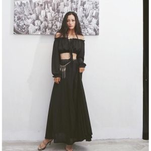 ชุดเดรสยาวสีแดงไหล่เดียวสไตล์ฝรั่งเศส ชุดไปเที่ยวชายหาด ชุดไปเที่ยวฤดูร้อน ชุดเดรสยาวปานกลาง แขนยาว ชุดเดรสยาวปานกลาง