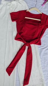 ชุดเซทผู้หญิง เซทขายาวแฟชั่นเอวฟรีไซส์+เสื้อครอปแต่งสายมัดเอว ชุด ผู้หญิง เอวยืด24-30 นิ้ว