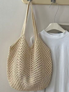 Chic Large Capacity Hollow out Cotton Thread Woven Bag Casual Beach Shoulder Bag for Vacation Womens Handbag Korean Style