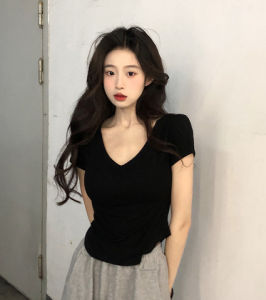 New Summer Women V-neck Short-sleeve Casual T-shirt Slim-fit Top Girl Short Basic Shirt Woman Student Casual T-shirt Wearing Out