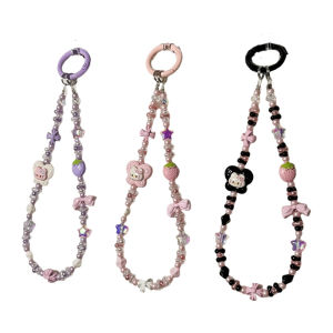 สายคล้องคอโทรศัพท์ทำจากอะคริลิคสีดำลายการ์ตูนลูกปัดถั่วลิสงสีสันสดใส KT ห้อยตกแต่งกระเป๋าลายแมวพวงกุญแจ