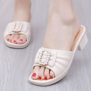 Womens Slippers Fashion Outwear Summer New Arrival Chunky Heel Plastic Non Slip Mid Heel Slippers Ladieswear Womens Easiest for Match Word