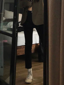 Quần Jeans Denim Co Giãn Màu Đen Rách Mỏng Cho Nữ Quần Dài Đến Mắt Cá Chân Thời Trang Thu Đông Quần Dài Co Giãn Thường Ngày