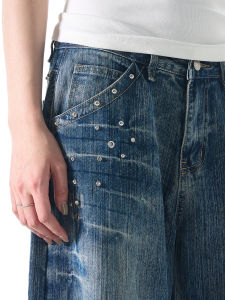 MADWITCH American Style Rivet Design Lightning Pattern Jeans Loose Vintage High Street Washed Mens Womens Long Pants