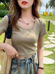 Summer 2025 Womens round Neck Short Sleeve T-Shirt Design Sensation Sweet And Spicy Short Pure Color Korean Style Commute