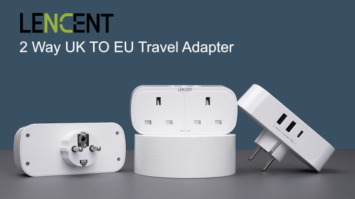 LENCENT UK to EU Euro European Plug Adapter with 1 Type C and 2 USB Ports, LENCENT 2 Way Grounded Travel Adapter for Spain Germany France Portugal Greece Russia Netherlands Turkey and more(Type E/F)