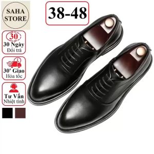 Giày tây nam công sở derby SAHA115 giầy da bò thật cao cấp đen nâu da bóng buộc dây
