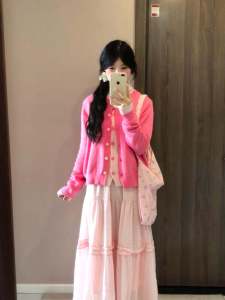 Sweet Korean Style Pink Knitted Open Cardigan Womens Long Sleeve Loose Sweater Jacket Spring New Arrival Anti-Aging