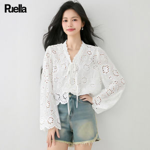 puella | Lace Hollow-out Floral Long Sleeve Shirt Womens Light and Fresh White Blouse
