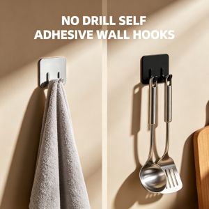 4Pcs No Drill Self Adhesive Wall Hooks Heavy Duty Stainless Steel Towel Hanger Bathroom Kitchen Storage