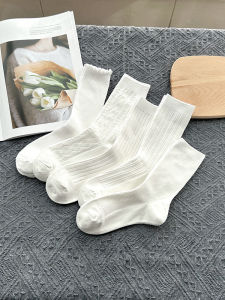 White Womens Cotton Sports Socks Anti-Odor Long Striped Mid-Calf Socks Breathable Comfortable Soft Fabric Home Office Socks