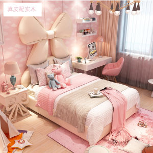 Solid Wood Genuine Leather Childrens Bed Bedroom Girl Princess Bed Cute Side Lying Minimalist Kids Cartoon Baby Girl Single