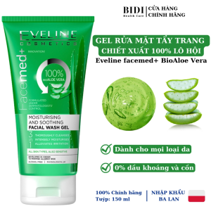 Gel Rửa Mặt Và Tẩy Trang Lô Hội Eveline 100% Lô Hội Tự Nhiên Làm Sạch Và Dưỡng Ẩm Sâu Da Mặt Tuýp 150ml
