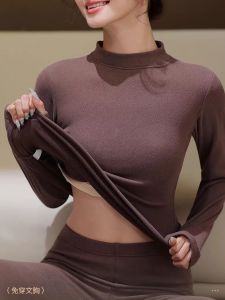 Thickened Graphene Heating High Collar Womens Thermal Underwear Set with Chest Pad Integrated Base Layer Autumn Clothes