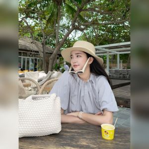 YUFUQING | Gray Bubble Sleeve Round Neck Short Sleeve Shirt Womens Loose Design Sense Top Summer New Style Drawstring Belted Casual Fashion