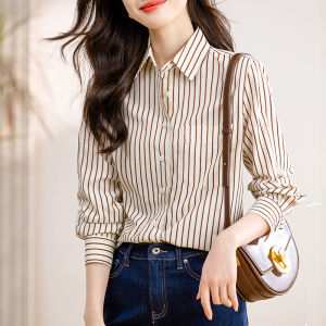 เสื้อเชิ้ตลายทางสตรีสุดเก๋ ทรงเข้ารูป แขนยาว ปกโปโล ปกป้องแสงแดด ฤดูใบไม้ผลิ 2024 เสื้อเชิ้ตคอกลมคอโปโล