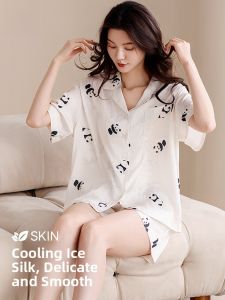 Miiow | Ice Silk Sleepwear Womens Short Sleeve Short Pants Two-Piece Set Turn-down Collar Open Cardigan Large Size Home Clothes