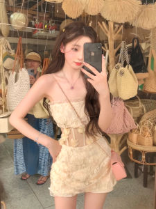 Váy Ngắn Hở Lưng Ren Gợi Cảm Kiểu Pháp Cho Nữ Mùa Hè 2025 Váy Ngắn Chữ a Cạp Cao Không Tay Cổ Tròn Bằng Polyester