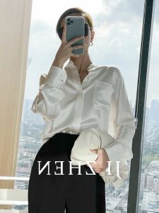 French Elegant Acetate Satin Shirt Women Early Autumn Design Sensible White Stand Collar Professional Commuting Shirt