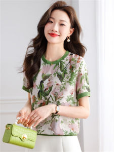 Floral Print Loose Fit Casual Short Sleeve T-Shirt Womens round Neck Satin Summer New Style Versatile Soft Polyester Fiber