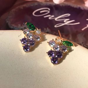 Elegant Silver Needle Zircon Grape Purple Green Womens Earrings Fashionable Fresh Versatile Clip-Ons No Piercing Required