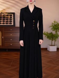 Elegant Mid-Length Long Sleeve Womens Dress High Waist A-Line Korean Style Commute Polyester Fiber Autumn Fashion Trend