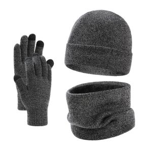 Autumn Winter Outdoor Warm Brushed Mens Beanie Hat Scarf Gloves 3 Pieces Set Windproof Knit Ring Muffler Hats and Caps for Men