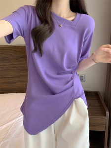 Purple Slim-fit Waist-tied V-neck T-shirt