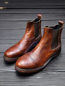 Retro Floral Carved Leather Martin Short Boots round Toe Chelsea Mens Shoes British Style Workwear Boots Youth And Middle-aged Suitable