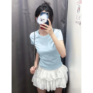 ZUKUN | Short Sleeve Yellow T-Shirt Womens Slim Fit Summer Style Round Neck Top Dopaamine Short Length Fashionable Casual Cotton Blend