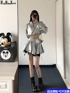 Silver High Waist Drawstring Hoodie Womens DJ Streetwear Hip Hop Jazz Dance Outfit Set Fashionable Performance Clothing
