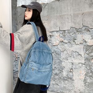 Denim Canvas Backpack Casual Pure Color School Bag for Middle School Students And College Girls Sweet College Style Large Size