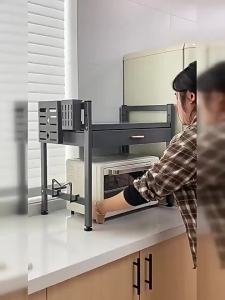 Microwave Stand with Drawer Metal Microwave Oven Rack Microwave Shelf Rack Stainless Steel Kitchen Racks Organizer Rice Cooker Stand Countertop Rack with Hook for Kitchen Household