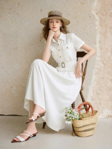 XIANGYING | Retro Linen Office Lady Waist-cinching White Dress