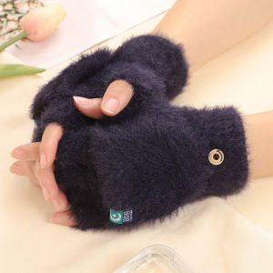 Winter Fluffy Women Gloves Hiking Convertible Flip-Top Mittens Students Writing Warm Office Typing Lady Half-Finger Knit Gloves