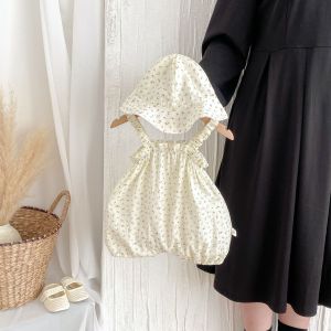 (ผ้าฝ้าย 100%) (เสื้อผ้า + หมวก) ชุดรอมเปอร์เด็กทารกฤดูร้อนสำหรับเด็กผู้หญิง - ชุดรอมเปอร์สายแขวนสุดน่ารัก