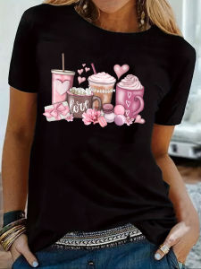 Pink Coffee & Love Womens Tee - Sweet Drinks Graphic Cozy Casual Print for Daily Wear