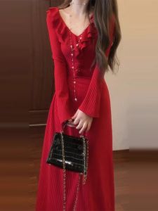Christmas New Year Red Knitted Dress Womens Spring Autumn 2024 New Style Long Skirt Underwear Coat Matching Female Dress