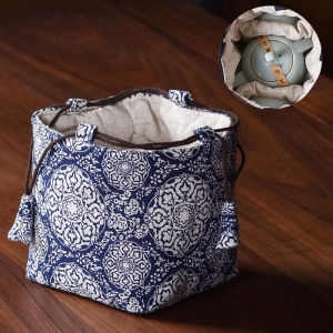 Cotton and Linen Thickened One Pot Two Cups Four Cups Buggy Bag Tea Set Bag Cloth Bag Drawstring Drawstring Pocket Travel Portable Chinese Style