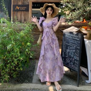 Purple Floral V-Neck Slimming Waist-Cinching Long Dress