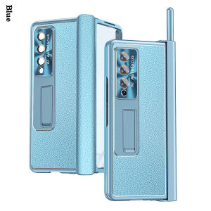 For Samsung Galaxy Z Fold 5 Fold 4 Z Fold 3 Case Plating With Capacitance Pen Hard Front Glass Case Leather Hidden Pen Slot Hinge