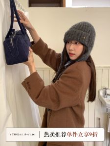 Grey Womens Winter Knitted Wool Blend Flight Hat Ear Protection Warm Cozy Baroque Cap Casual Style Travel Friendly