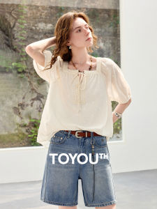 Toyouth | Áo Blouse Mùa Hè Kiểu Pháp Cổ Vuông Tay Bồng Họa Tiết Jacquard Hoa