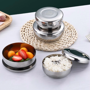 MaxgePC Stainless Steel Bowl Korean Big Cooked Rice Bowl With Cover Single Layer Steamed Rice Bowl Child Anti-Scalding fall Tableware Thickening